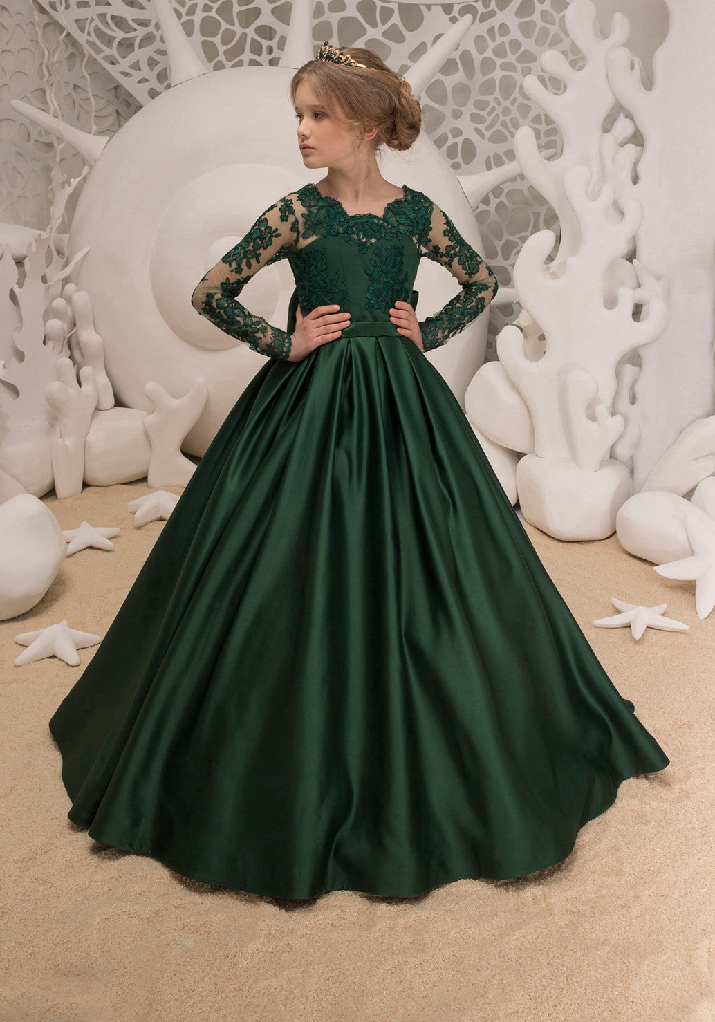 Long Sleeve Dark-Green Kids Prom Dress BDCHK040