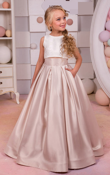 Satin Girls Two Piece Kids Party Dress with Pocket BDCHK175