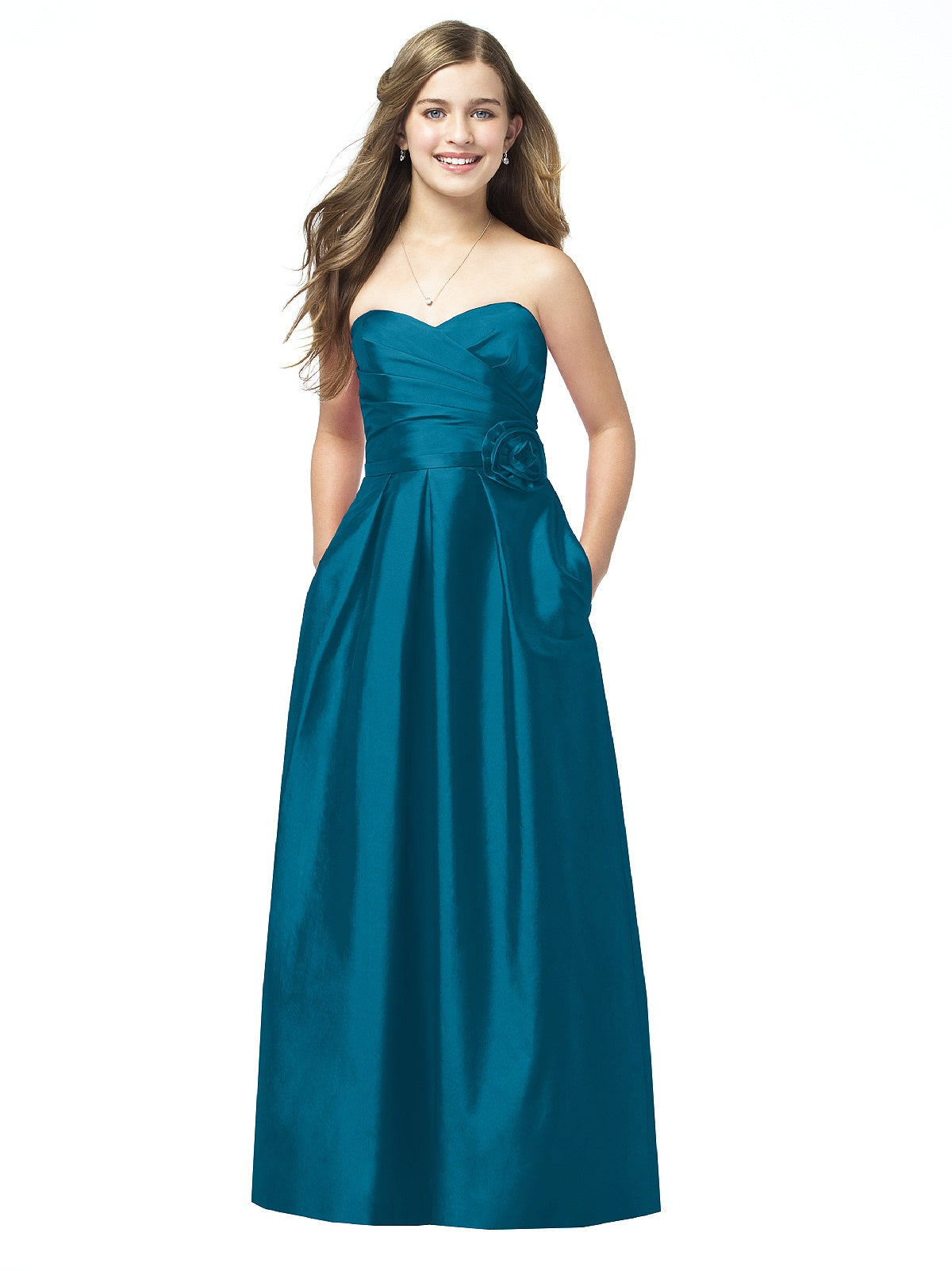 Ink-Blue Sweetheart , Strapless Floor-length Junior Bridesmaid Dress with Pocket(UKJBD03-010)