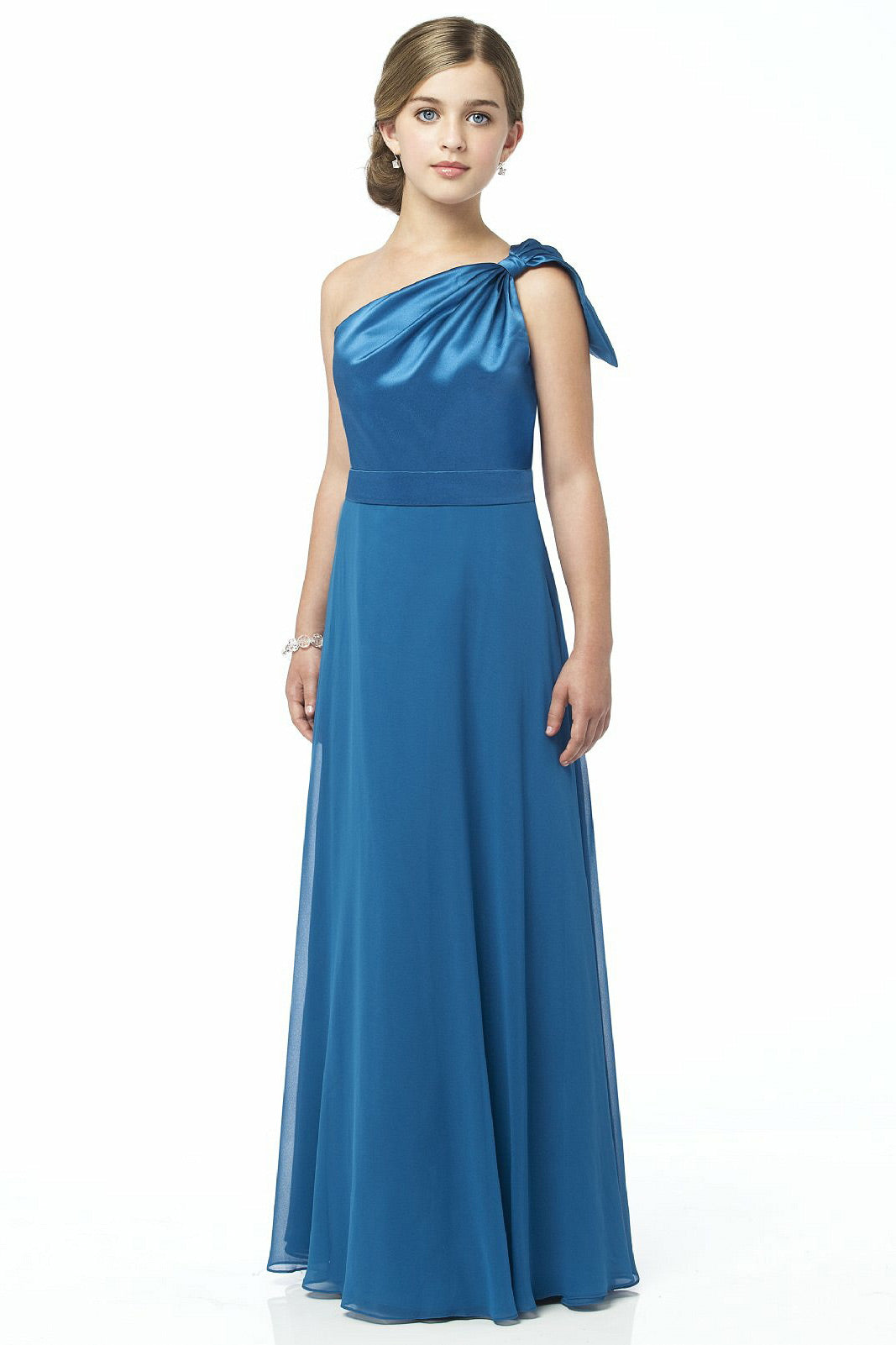 Ocean-Blue One Shoulder Floor-length Junior Bridesmaid Dress(UKJBD03-017)