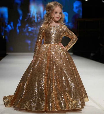 Long Sleeve Sequins Gold Kids Prom Dress BDCHK003