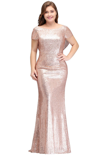 Rose Gold Long Short Sleeve Plus Size Bridesmaid Dress BPPBD001