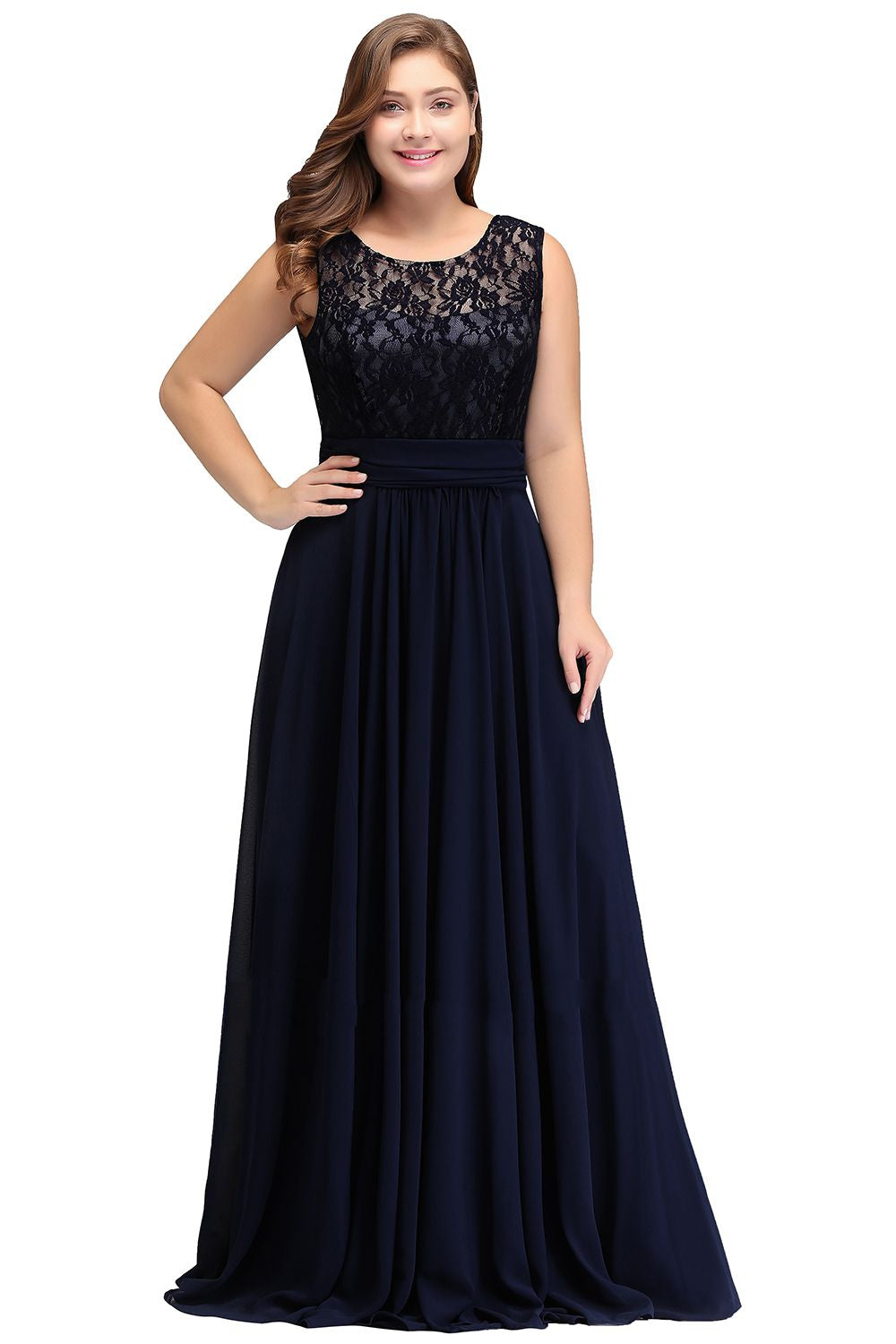 Navy Blue Long Lace Plus Size Bridesmaid Dress BPPBD006