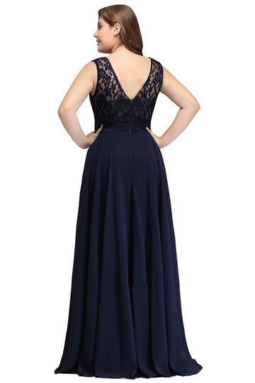 Navy Blue Long Lace Plus Size Bridesmaid Dress BPPBD006