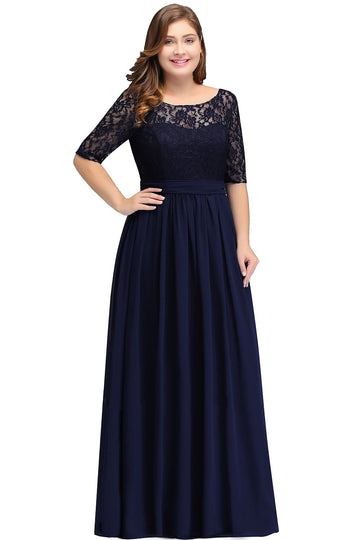 Navy Blue Long Half Sleeve Lace Plus Size Bridesmaid Dress BPPBD007