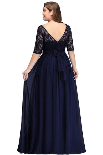 Navy Blue Long Half Sleeve Lace Plus Size Bridesmaid Dress BPPBD007