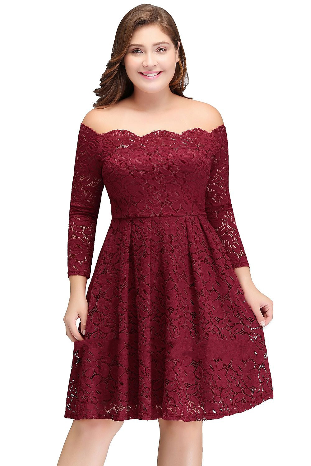 Burgundy Short/Mini Long Sleeve Off The Shoulder Plus Size Bridesmaid Dress BPPBD009