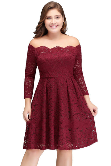 Burgundy Short/Mini Long Sleeve Off The Shoulder Plus Size Bridesmaid Dress BPPBD009