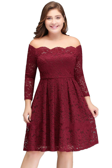 Burgundy Short/Mini Long Sleeve Off The Shoulder Plus Size Bridesmaid Dress BPPBD009