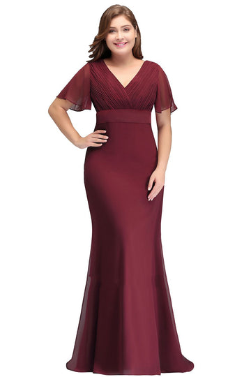 Burgundy Long Short Sleeve V-neck Plus Size Bridesmaid Dress BPPBD010