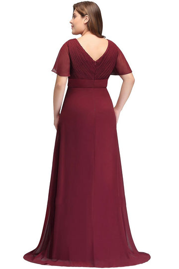 Burgundy Long Short Sleeve V-neck Plus Size Bridesmaid Dress BPPBD010