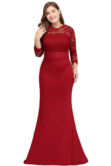Ruby Red Satin Lace Long Sleeve Plus Size Bridesmaid Dress BPPBD011