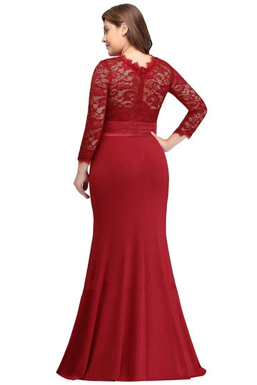 Ruby Red Satin Lace Long Sleeve Plus Size Bridesmaid Dress BPPBD011