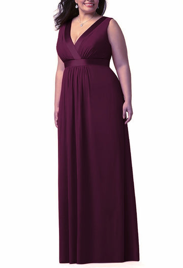 Grape Chiffon Long V-neck Plus Size Bridesmaid Dress PPBD013