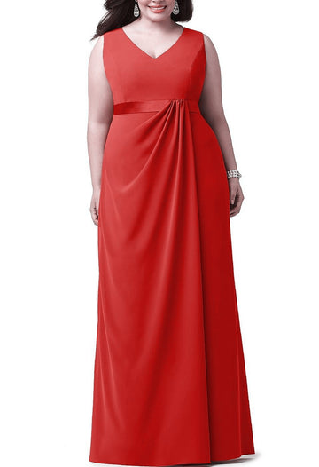 Red Long Plus Size V-neck Bridesmaid Dress BPPBD014