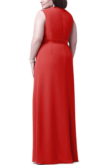 Red Long Plus Size V-neck Bridesmaid Dress BPPBD014