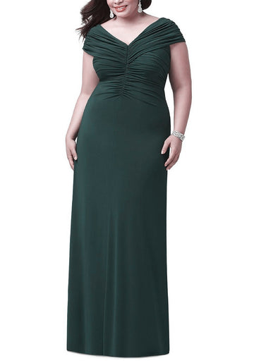 Deep Dark Green Long Short Sleeve V-neck Plus Size Bridesmaid Dress BPPBD015