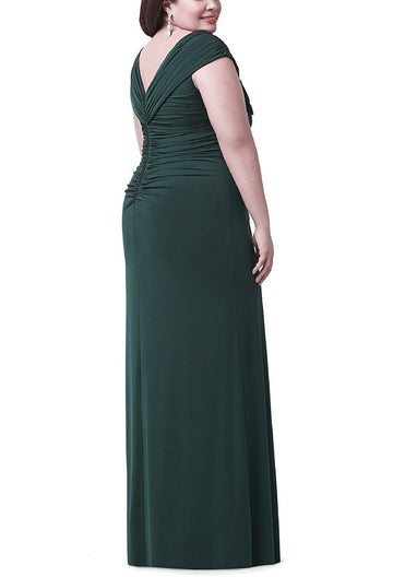Deep Dark Green Long Short Sleeve V-neck Plus Size Bridesmaid Dress BPPBD015