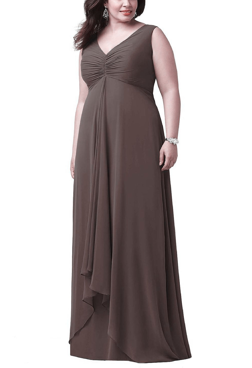 Brown Long V-neck Plus Size Bridesmaid Dress BPPBD016