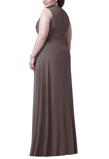 Brown Long V-neck Plus Size Bridesmaid Dress BPPBD016