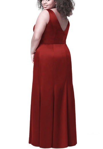 Satin Burgundy Long V-neck Plus Size Bridesmaid Dress BPPBD017